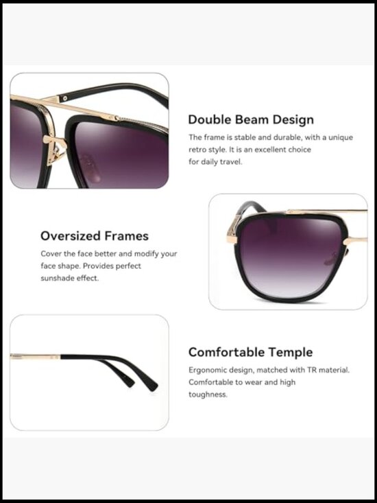 Oversized Square Aviator Sunglasses with Gold Alloy Frame UV400 Protection 2